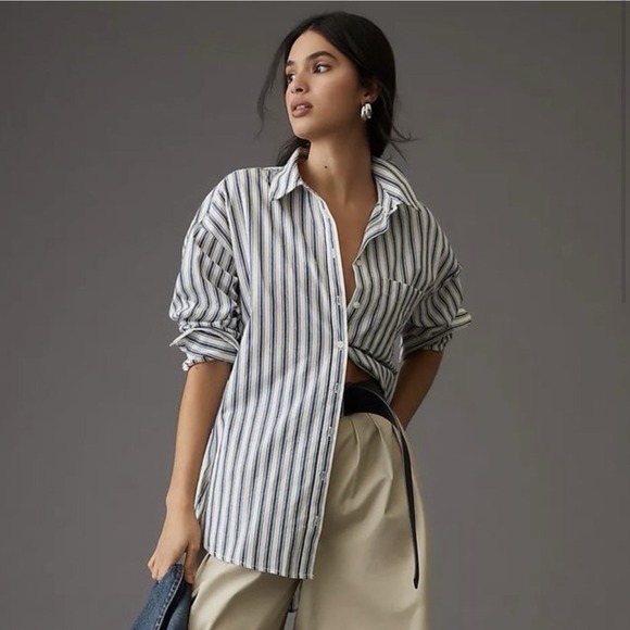Maeve By Anthropologie Tops - Maeve Anthropologie Blue Stripe Button Down Shirt XL Relaxed Oversized Coastal